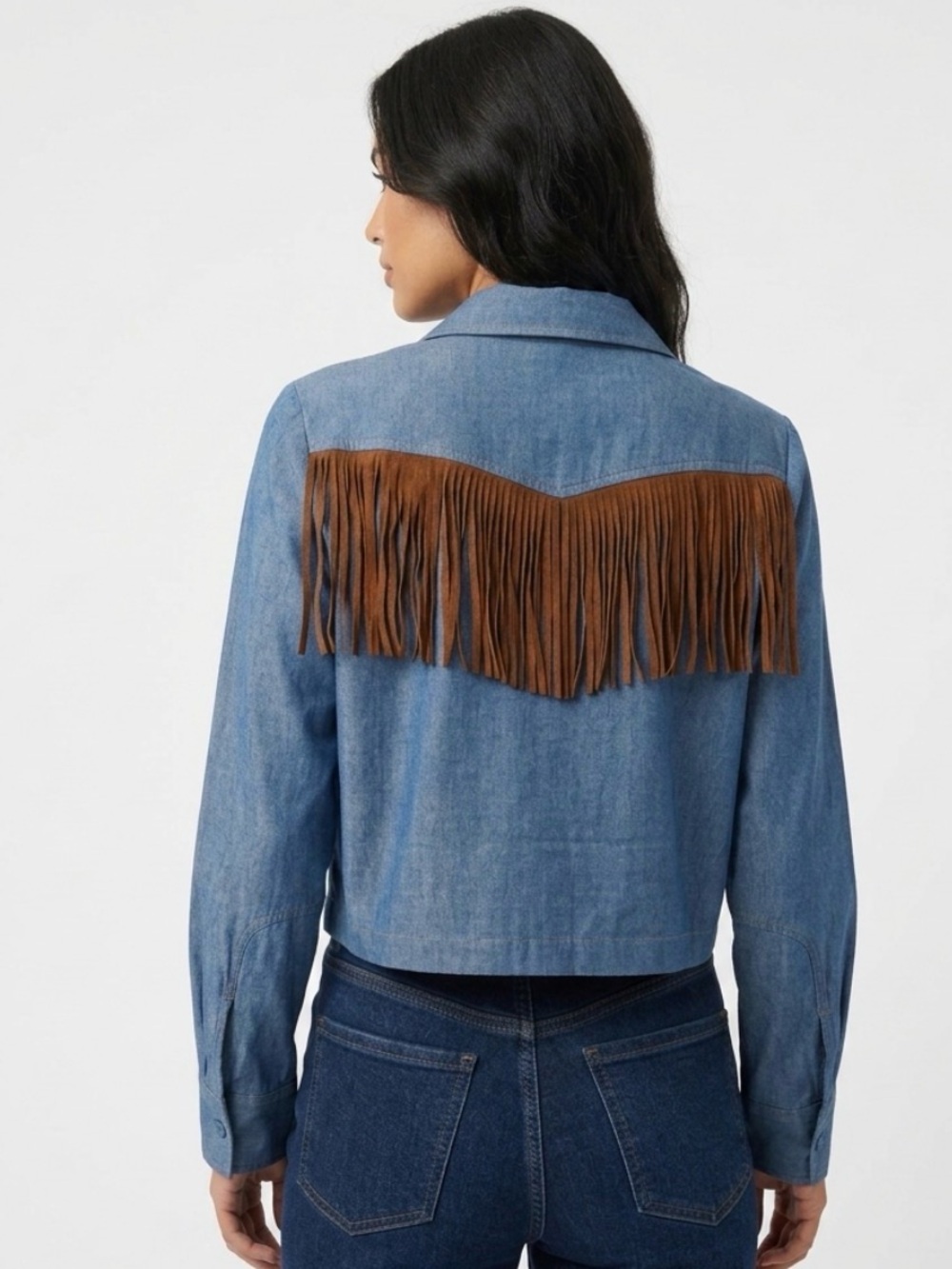 19 Cooper Chambray Denim Cropped Fringe Western Shirt - Size S